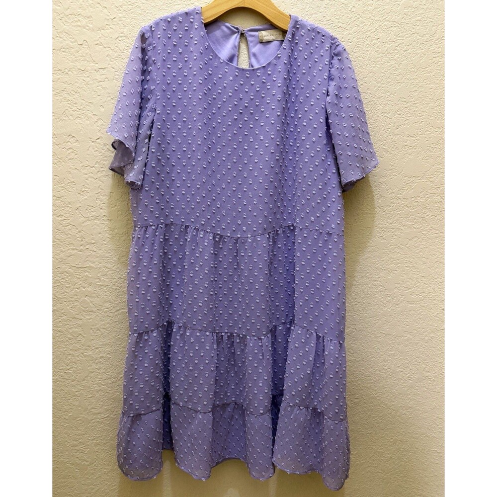Altar'd State Purple Polka Dot Textured Tiered Round Neck Flutter Sleeve L